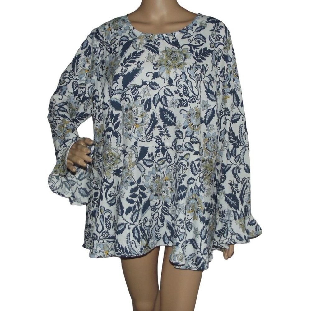 Preswick & Moore Blouse Plus 1X blue white gold floral print peplum top shirt
